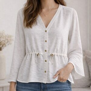 Michael Kors White Textured Button Down Blouse - Drawstring Waist - Size M